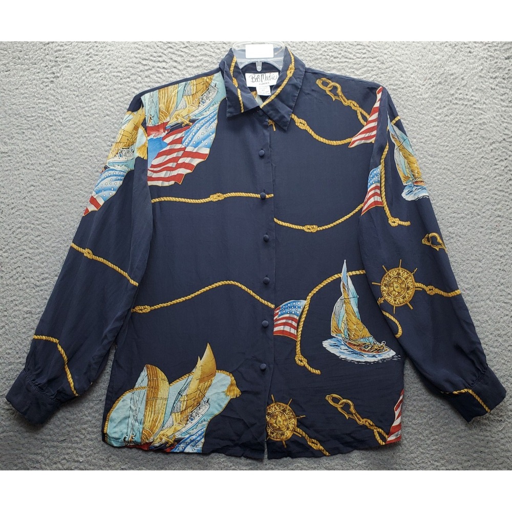 Bob Mackie Blouse Top Womens 10 Multi Nautical Flag Rope Print Silk Button-Up